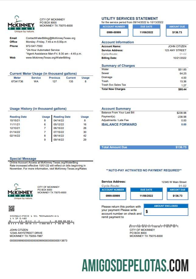 realista Modelo de conta de serviços públicos dos EUA Texas McKinney em formato Word e PDF